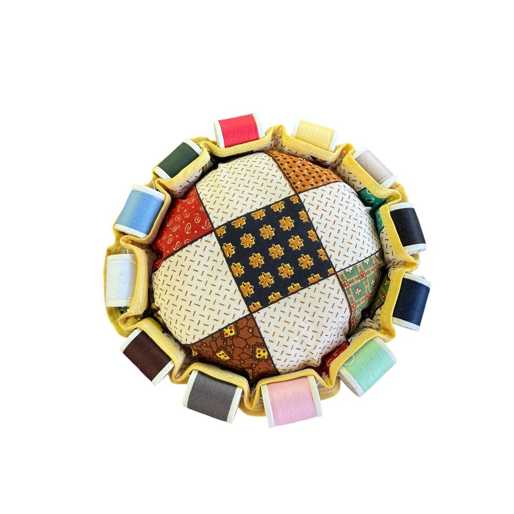 Handmade Patchwork Pincushion with Thread Spool Holder Organizer Vintage Style